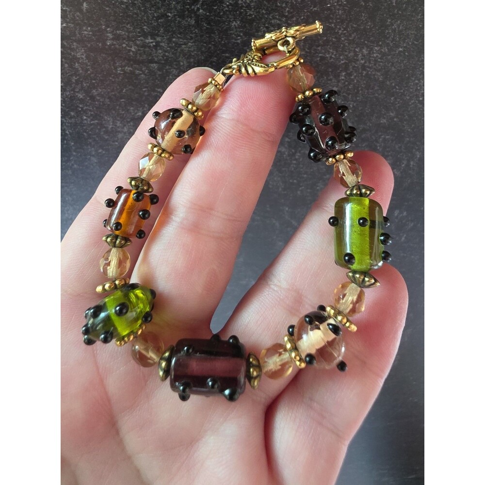 Multicolored Glass Beaded Gold Tone Metal Bracelet Vintage Costume Jewelry